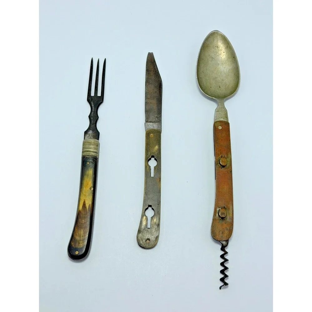 Antique A.W. Wadsworth Germany 3 Piece Hobo Knife Fork Spoon Corkscrew